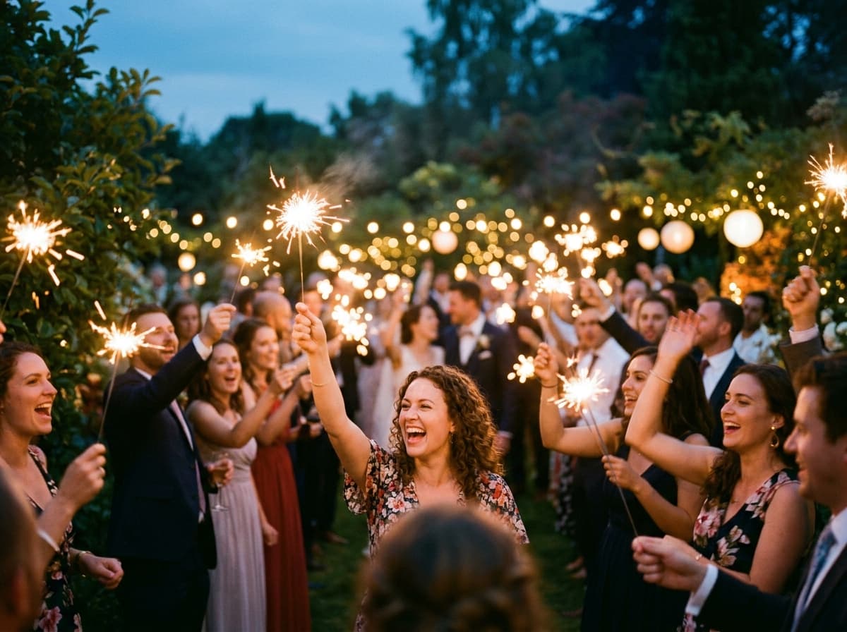 Evening garden reception with guests cheering and holding sparklers
